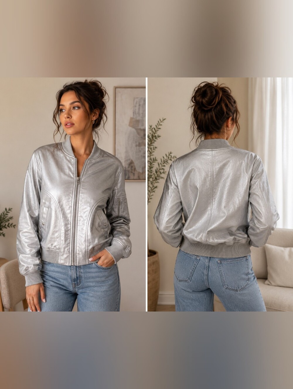 BLANKNYC Metallic Silver Faux Leather Bomber Jacket — Medium